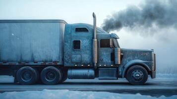 Lone semi-truck with smoke stack traversing a frigid winter landscape photo