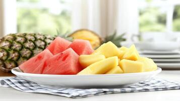 Delightful Display of Sliced Watermelon and Pineapple on a White Plate photo