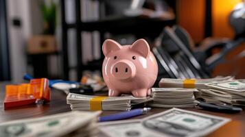 Piggy bank surrounded by stacks of cash symbolizes financial savings photo