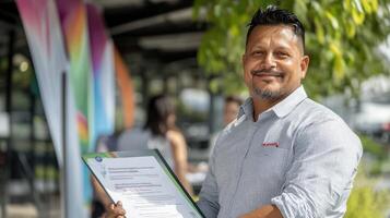 Proud moment of achievement and recognition, hispanic man holding certificate photo