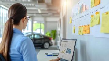 Businesswoman examining sales data at car dealership with modern technology photo