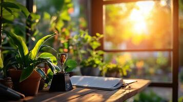 Trophy and plants on wooden table with window view during sunny day photo