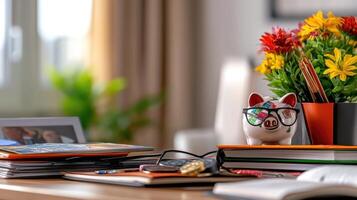 Smart saving strategy illustrated with a piggy bank on books with flowers photo