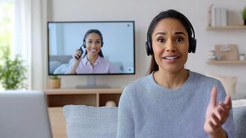Engaging virtual meeting between two businesswomen, using headsets and call photo