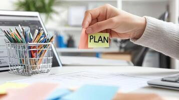Planning and organization for a successful workspace with sticky note reminder photo