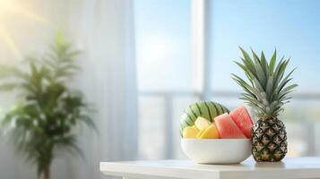 Arrangement of Fresh Tropical Fruits on a Table in a Sunny Room photo