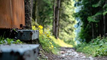 Idyllic forest trail with rusted metal structure and vibrant foliage photo