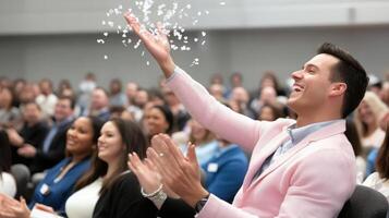 Excited audience at conference applauding as confetti falls from above photo