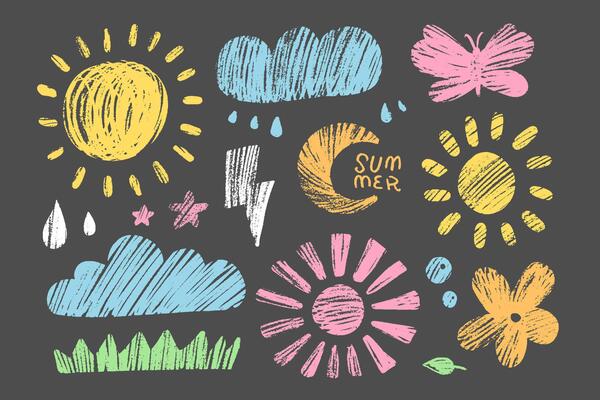 Kids chalk summer drawings set. Collection freehand child baby hand drawn scribble elements - sun, flower,cloud, butterfly, lightning and grass. illustration isolated on black background