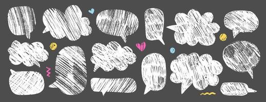 Empty white hand drawn grunge crayon, charcoal, chalk speech bubbles set in childish doodle style. Hand drawn crayon cloud message in dark background. textured balloon speak sign dialog frame vector