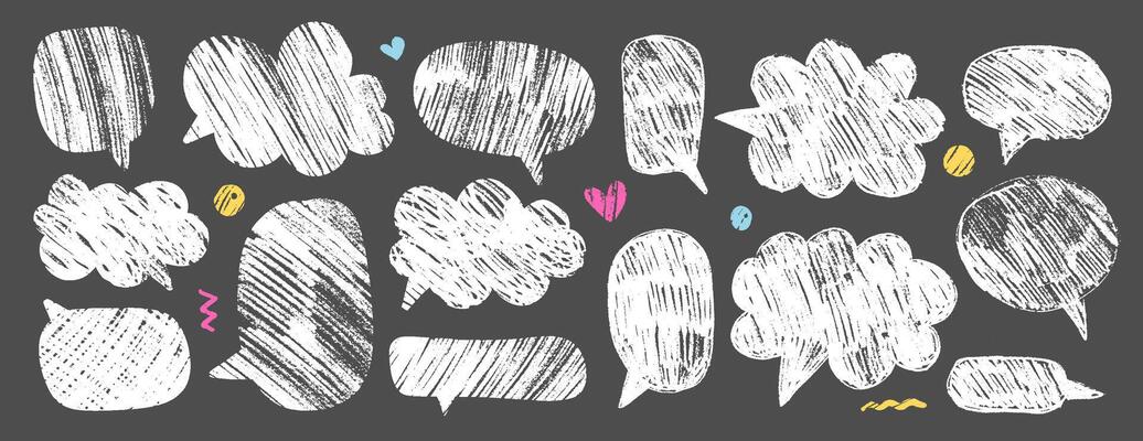 Empty white hand drawn grunge crayon, charcoal, chalk speech bubbles set in childish doodle style. Hand drawn crayon cloud message in dark background. textured balloon speak sign dialog frame