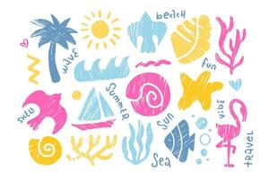 Pencil fun naive colorful summer sea doodles set. Scribble flamingo, ship, palm tree, bird, ocean waves, seashells and corals. Hand drawn doodle sketch childish beach summer vibe elements. vector