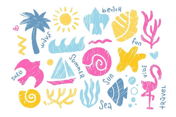 Pencil fun naive colorful summer sea doodles set. Scribble flamingo, ship, palm tree, bird, ocean waves, seashells and corals. Hand drawn doodle sketch childish beach summer vibe elements.