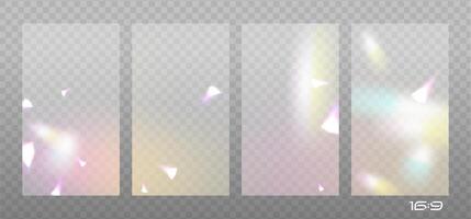 Glass prism light reflection backgrounds collection. Abstract diamond caustics, lens illumination effects and colorful crystal flare overlay set. Glowing bright rays and colorful light effects. vector