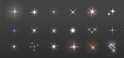Glowing multicolored light bursts with sparkles. Glow light effect set, lens flare, explosion, glitter, sun flash, spark and star. Abstract image of lighting flare. overlay illustration vector