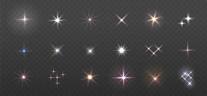 Glowing multicolored light bursts with sparkles. Glow light effect set, lens flare, explosion, glitter, sun flash, spark and star. Abstract image of lighting flare. overlay illustration