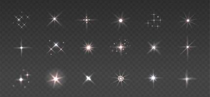 Sparkling warm white stars, flickering and flashing lights set. Collection of different light effects on dark background. Realistic illustration for overlay effect vector