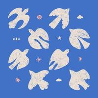 Vintage modern art print elements set in simple wavy and groovy naive style - birds flying in the sky. White flat hand drawn doves with organic texture. groovy illustration. vector