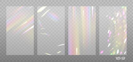 Rainbow highlights set on a light background. Glare or reflection from water and glass in 16x9 size. Glittering particles for social media backgrounds, product presentations, photo shots. vector