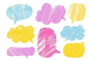 Colorful pencil Pencil Drawn Speech Bubbles set. Message Text Boxes cloud collection. Doodle Child conversation Dialogue Blank Balloons. Cute chalk texture stickers. Playful hand drawn Elements vector
