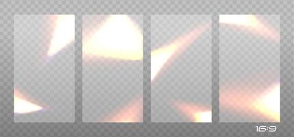 16x9 backgrounds set with Overlay effect of exposed old photo with burn edges. Realistic illustration of camera film light filter for vintage look with with blur glare, noise and grain. vector