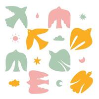 Abstract Boho Birds Icons set. Groovy And Wavy Organic Silhouette for Summer Dove Logos. Groovy colored Hand Drawn Coastal Design. Modern Poster with Irregular Pigeon Shapes. Naive Art Style vector