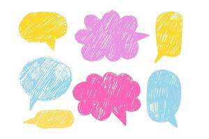Empty colorful hand drawn grunge pencil speech bubbles set in doodle style. Hand drawn crayon, charcoal, chalk cloud message backgrounds. balloon speak sign dialog communication frame. vector