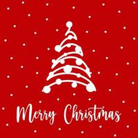 Hand drawn fir tree in doodle style for Christmas greeting card. Festive fir tree with decorations on red background. Concept modern holiday greeting card for sending warm wishes in greeting card. vector