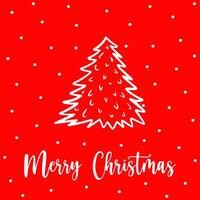 Xmas tree in outline style for Christmas postcard. Hand drawn Xmas tree with detailed branches on red background. Concept stylish outline Xmas tree postcard for sending Merry Christmas greetings. vector