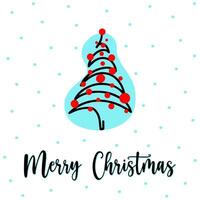 Christmas postcard with modern tree in doodle style. Hand drawn festive tree with red balls and black lines isolated. Concept cheerful holiday postcard for sending Christmas greetings. Xmas postcard vector