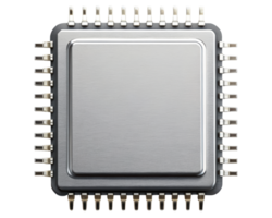 Microchip closeup showing detailed metallic processor pins on a transparent background png