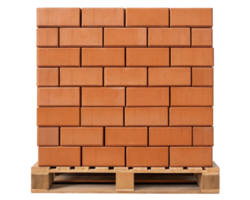 Stacked clay bricks on a wooden pallet for construction use on a transparent background png