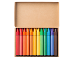 Colorful crayon set in a box for creative projects on a transparent background png