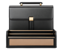 Stylish black briefcase with organized compartments for documents on a transparent background png