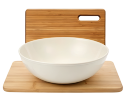 Large mixing bowl set on a bamboo cutting board on a transparent background png