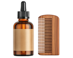 Amber glass bottle with a wooden comb for grooming on a transparent background png