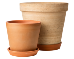 Two terracotta pots with matching saucers for plants on a transparent background png