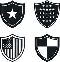 Collection of Four Simple Black and White Shield Icons featuring Star Stars Pattern American Flag and Checkered Design vector