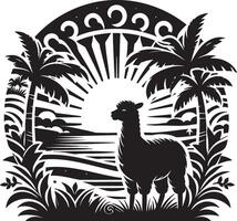 Art of a tropical island landscape with palm trees and lamb vector
