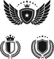 Three Elegant Heraldic Shields Designs with Wings Crowns and Laurels Perfect for Logos Branding and More vector