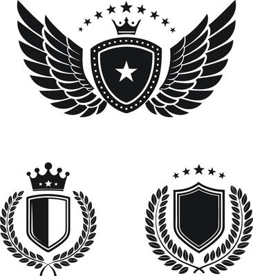 Three Elegant Heraldic Shields Designs with Wings Crowns and Laurels Perfect for Logos Branding and More