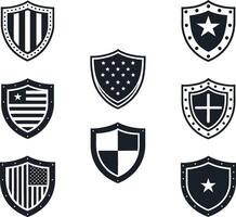 Collection of Eight Black and White Shield Icons Featuring Stars Stripes and Cross Designs Ideal for Security Branding vector