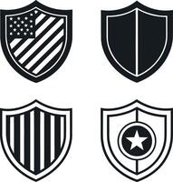 Four Unique Shield Designs Featuring Stripes Star and American Flag Perfect for Security Branding Logos vector