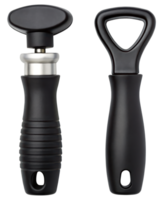 Black ergonomic bottle opener and corkscrew set with modern design on a transparent background png