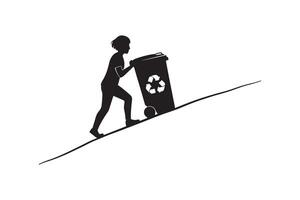 Recycling Concept Silhouette of a Child Moving Trash Bin vector