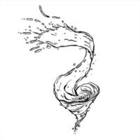 Dynamic monochrome illustration of water tornado with splashes painted by black inks. Swirling motion blends fluid lines and energetic droplets graphic sketch for beverage, summer cafe menus vector