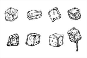 Monochrome ice cubes set illustration painted by black inks. Etching drawing of frozen juice or water cube with drops for beverage branding, cocktail menus, food blogs, summer promotions vector