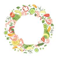 Fresh aromatic organic salad ingredients watercolor round wreath. Boiled prawns, tomatoes, onion, cucumber, sweet pepper, avocado, green peas frame with empty space for text. Low carbon diet vector