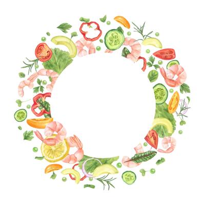 Fresh aromatic organic salad ingredients watercolor round wreath. Boiled prawns, tomatoes, onion, cucumber, sweet pepper, avocado, green peas frame with empty space for text. Low carbon diet