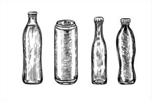 monochrome glass bottles and aluminum beverage can set line ink illustration in black and white. Etching drawing of bottles for water, juice, beer. Clip art elements for branding, party design vector